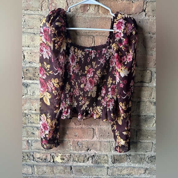 Express Tops - Express Floral Smocked Blouse - Pink and Brown